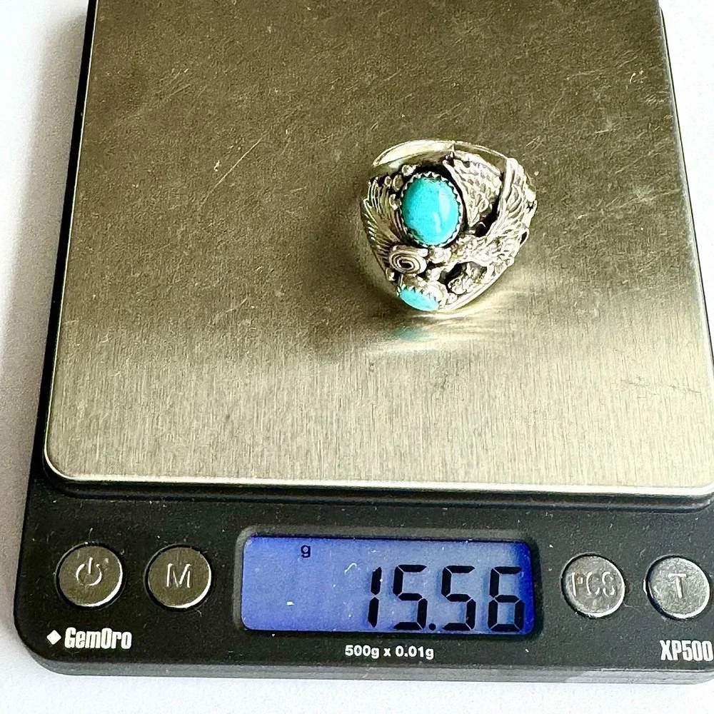 Navajo Eagle Mens Ring Turquoise Sz 14 Signed DM Sterling Native American USA